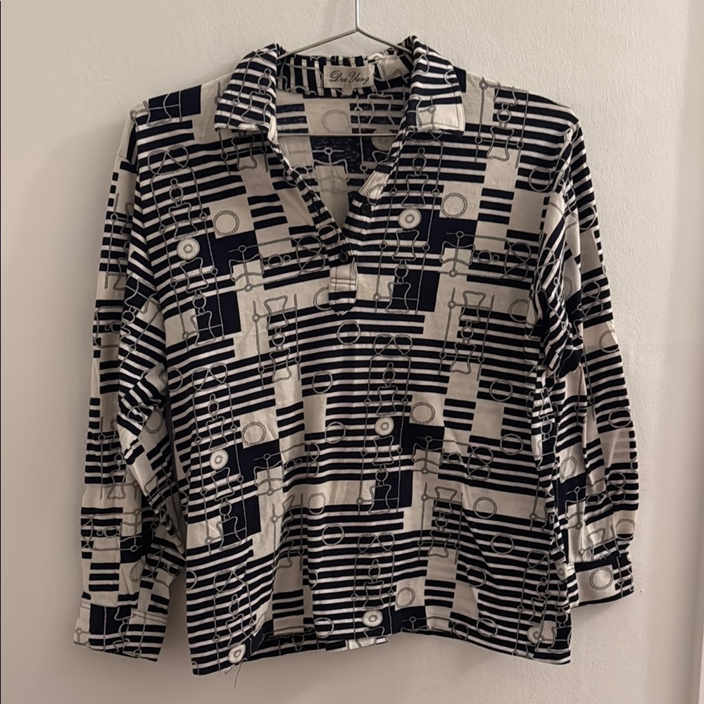 Vintage Dae Young Black and White Geometric/Nautical Blouse